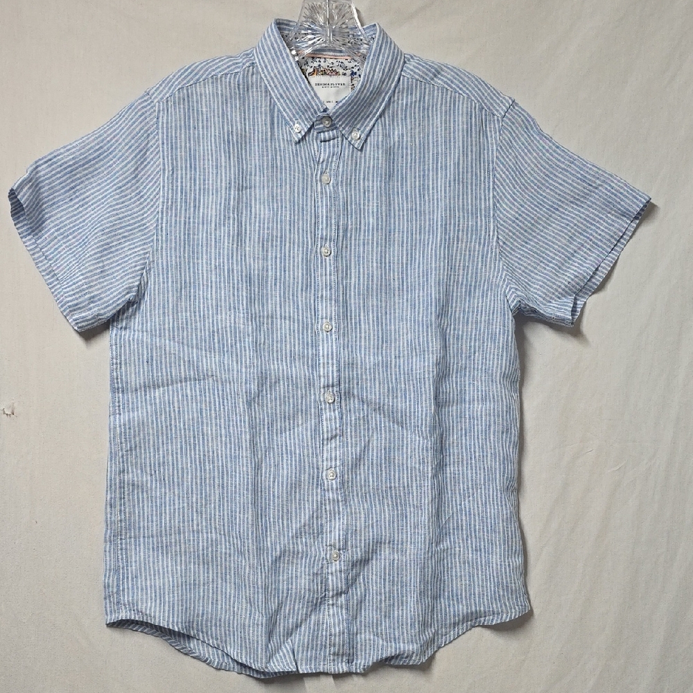Denim & Flower Light Blue Striped Casual Linen Blend Shirt Small